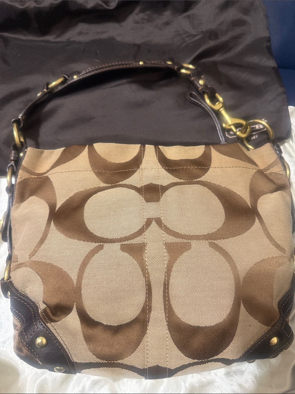 Coach Tan and Brown Signature Jacquard Shoulder Bag